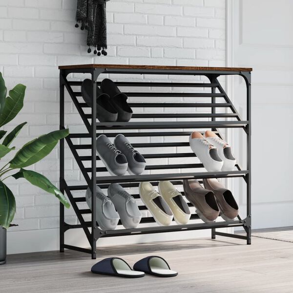 vidaXL Shoe Rack Brown oak Engineered wood, powder-coated steel Standard