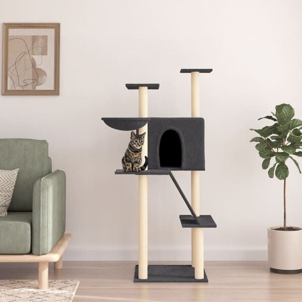 vidaXL Cat Tree Dark grey Engineered wood, Plush, Sisal 56.3 in tall
