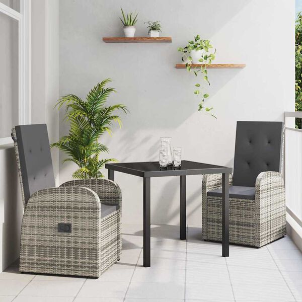 vidaXL Garden Dining Set with Cushion 3 pcs Grey Poly Rattan