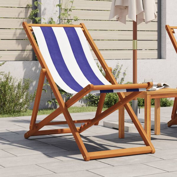 vidaXL Beach Chair Blue and white Solid eucalyptus wood and polyester fabric