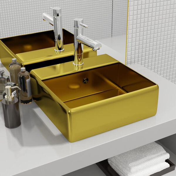 vidaXL Wash Basin with Overflow 16.1x16.1x5.9" Ceramic Gold