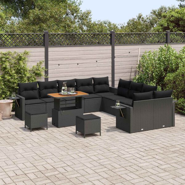 vidaXL Garden Sofa Set with Cushion 13 pcs Black Poly Rattan