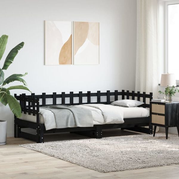 vidaXL Day Bed Black Solid Pine Wood 80.1 x 38.6 x 27.0 in