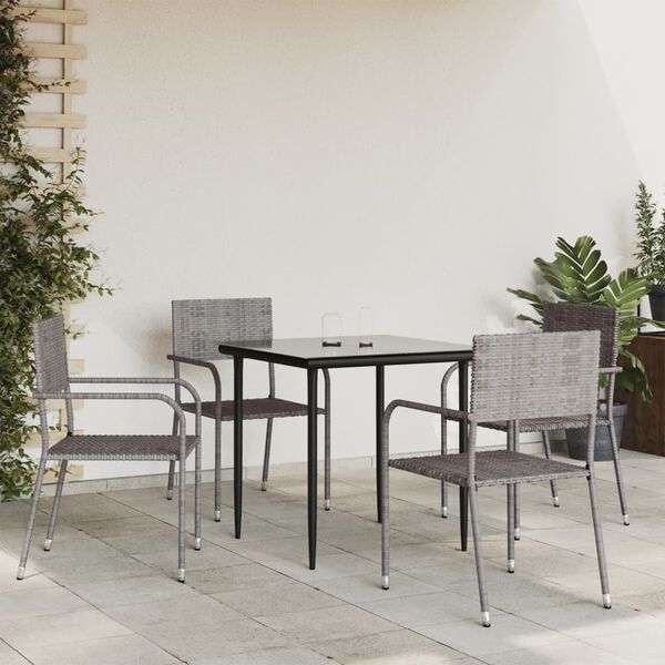 vidaXL Garden Dining Set Grey and Black Poly Rattan, Steel, Tempered Glass