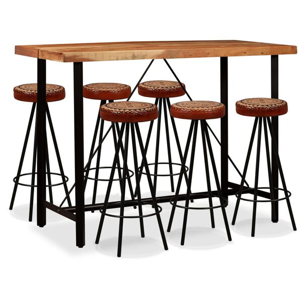 vidaXL Bar Set 7 Pieces Solid Acacia Wood, Genuine Leather & Canvas