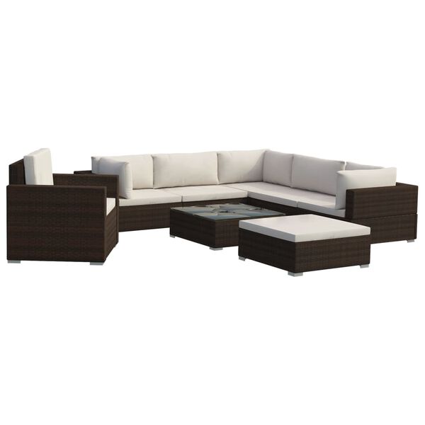 vidaXL 8 Piece Patio Lounge Set with Cushions Poly Rattan Brown