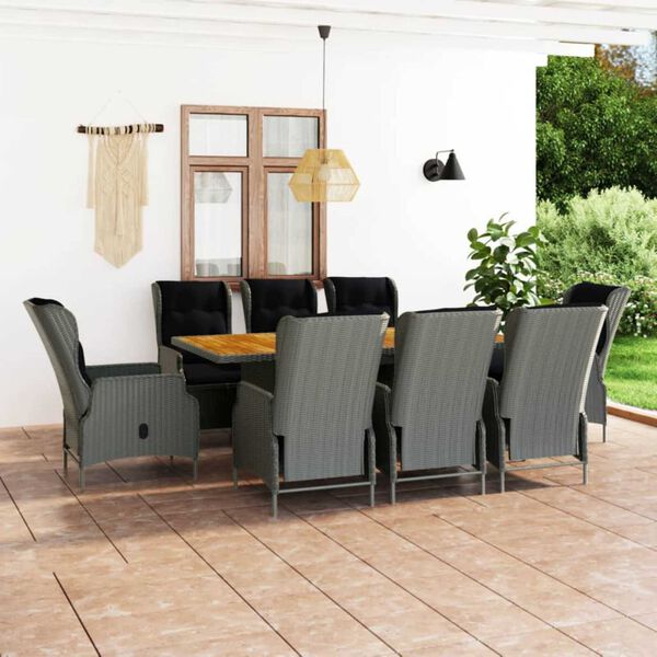 vidaXL 9 Piece Patio Dining Set with Cushions Poly Rattan Light Gray