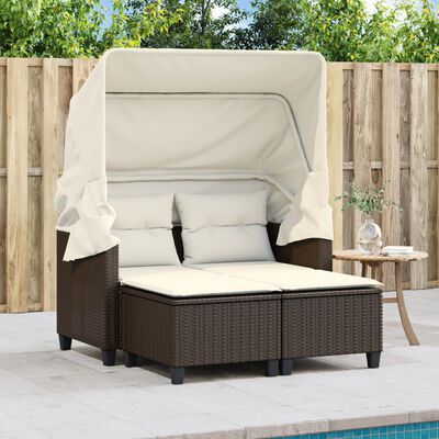 vidaXL Patio Sofa 2-Seater with Canopy and Stools Brown Poly Rattan