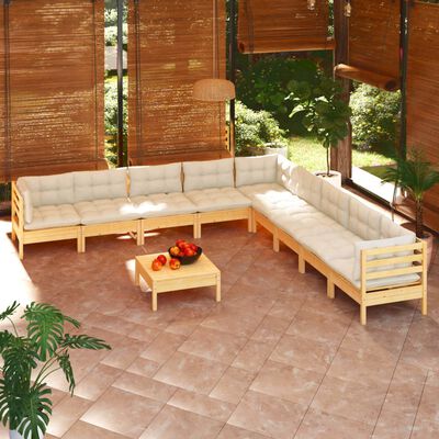 vidaXL 10 Piece Patio Lounge Set with Cream Cushions Solid Pinewood
