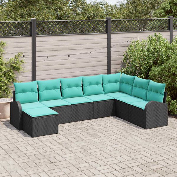 vidaXL Sofa Set with Cushion 8 pcs Black and Turquoise Poly Rattan