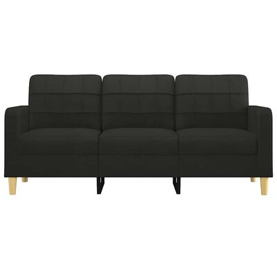 Black fabric sofa with three seats and wooden legs, front view.