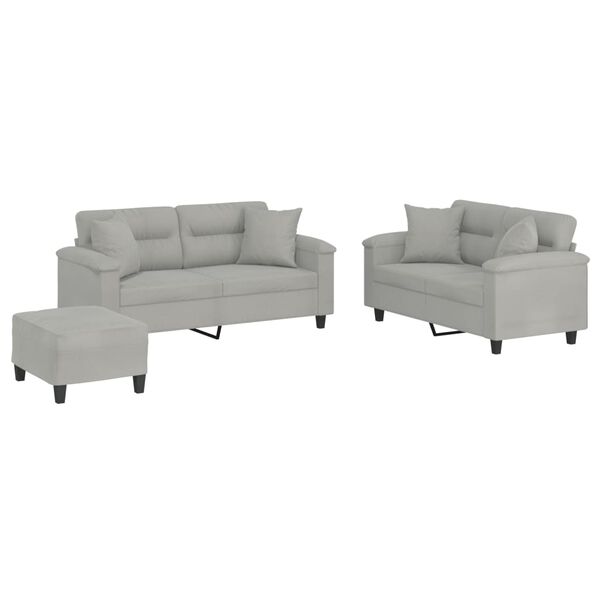 vidaXL 3 Piece Sofa Set with Pillows Light Gray Microfiber Fabric