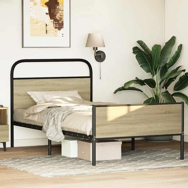 vidaXL Bed Frame Sonoma Oak Steel, Engineered wood Twin Durable