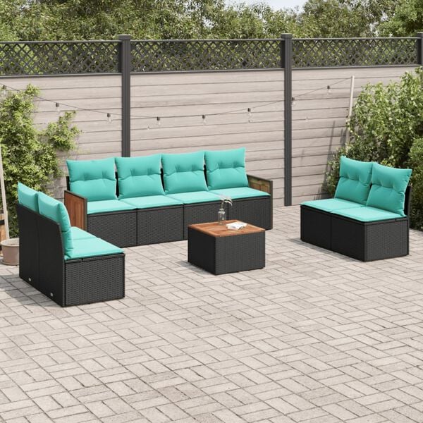 vidaXL 9 Piece Patio Sofa Set with Cushions Black Poly Rattan