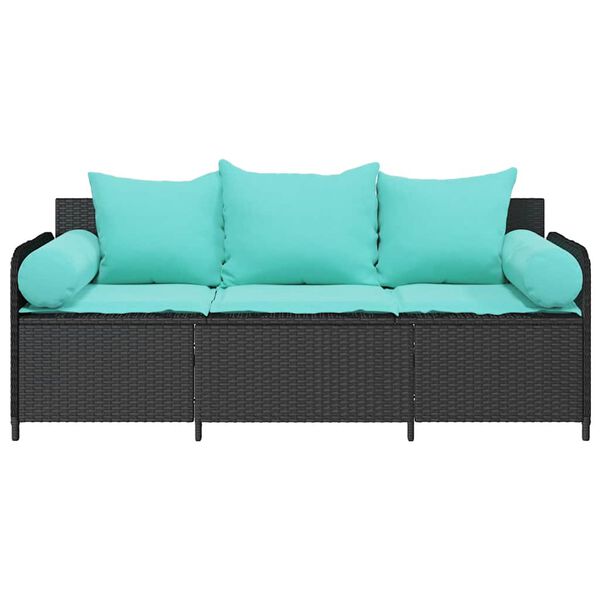 vidaXL Patio Sofa with Cushions 3-Seater Black Poly Rattan
