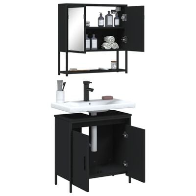Open wall cabinet with shelves, a white sink, and a black vanity cabinet with doors open showing interior storage.