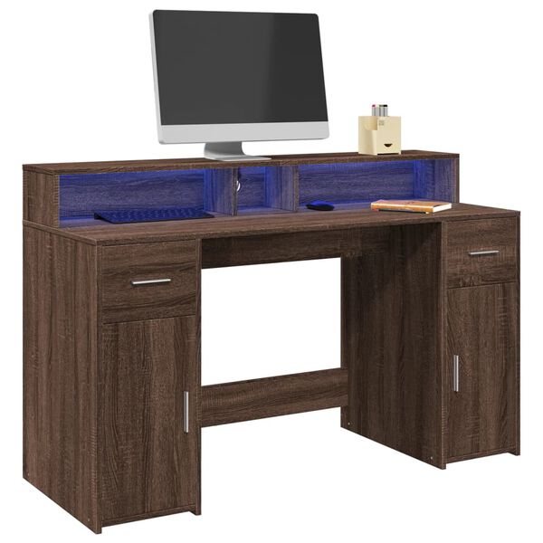 vidaXL Desk with LED Lights Brown Oak 55.1x21.7x35.8" Engineered Wood