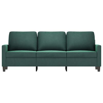 A dark green three-seat sofa with three back cushions and slim metal legs, centered against a white background.
