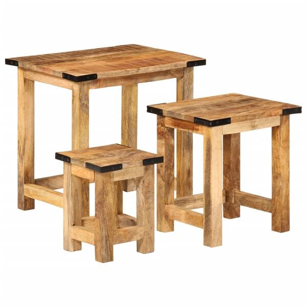 vidaXL Nesting Side Table Set of 3 Natural wood color with black accents