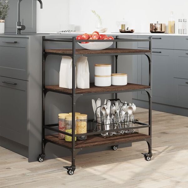 vidaXL Kitchen Trolley Brown Oak 25.6"x15.7"x34.1" Engineered Wood