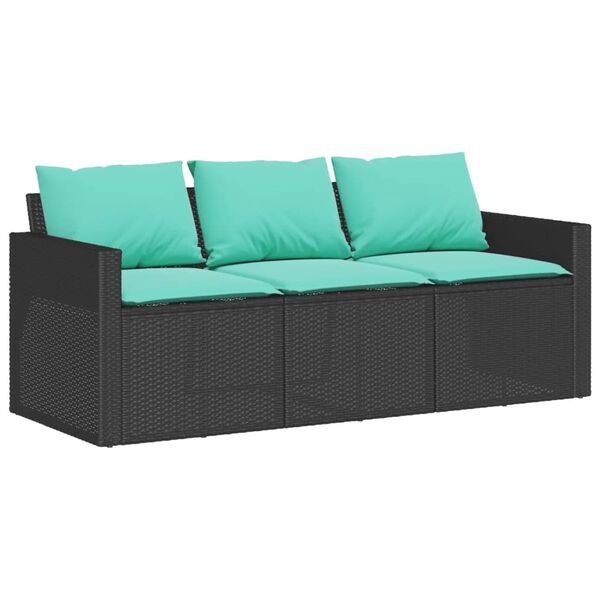 vidaXL Garden Sofa Black with blue cushions PE rattan Medium