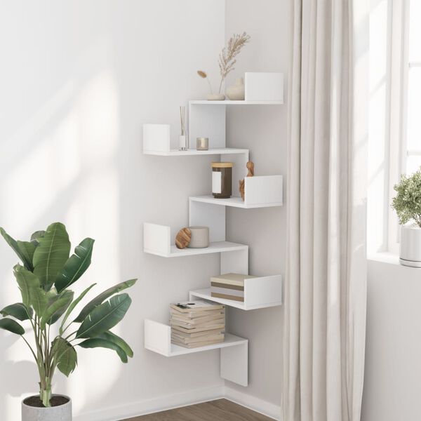 vidaXL Wall Corner Shelf White Engineered Wood 17.7 x 17.7 x 57.9 in