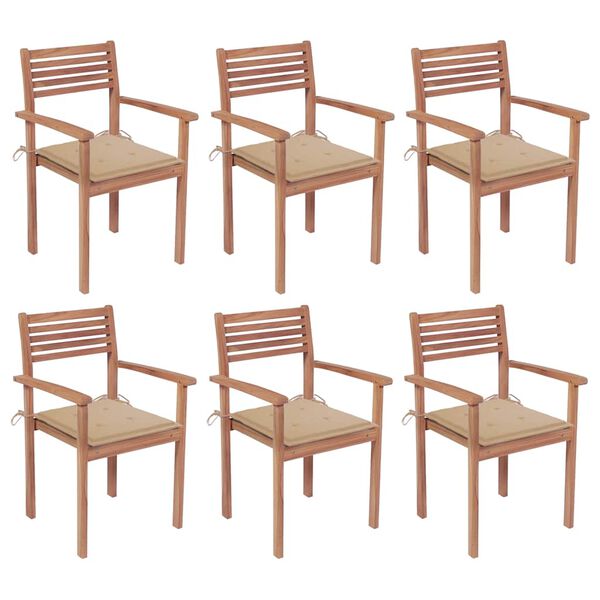 vidaXL Stackable Patio Chairs with Cushions 6 pcs Solid Teak Wood