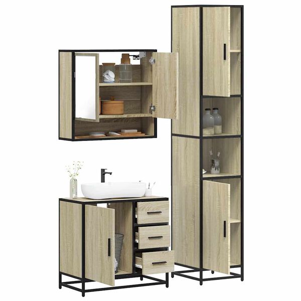 vidaXL Bathroom Furniture Set Sonoma Oak Engineered Wood, Metal, Glass