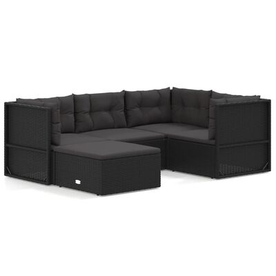 vidaXL 5 Piece Patio Lounge Set with Cushions Black Poly Rattan