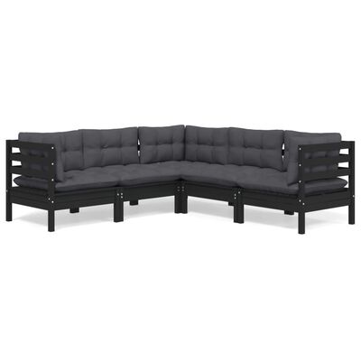 vidaXL 5 Piece Patio Lounge Set with Cushions Black Solid Pinewood
