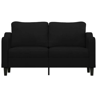 A dark gray compact sofa with two seat cushions and two back cushions, front view