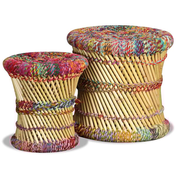vidaXL Stool Set of 2 Multicolor Bamboo and Chindi with Iron Frame