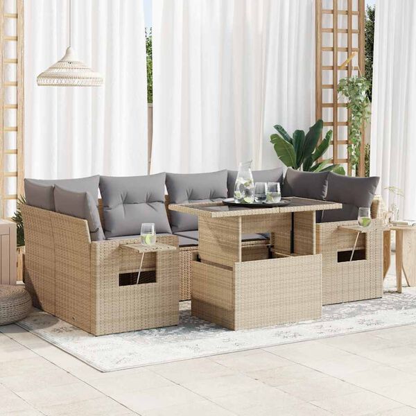 vidaXL Garden Sofa Set Beige PE Rattan, Powder-Coated Steel, Tempered Glass