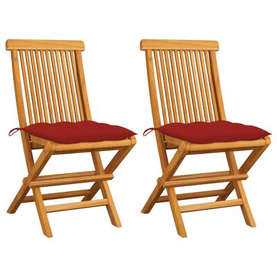 vidaXL Patio Chairs with Red Cushions 2 pcs Solid Teak Wood