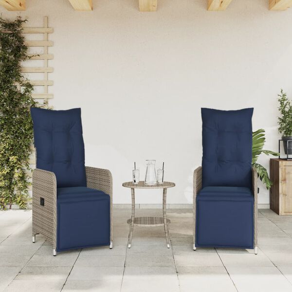vidaXL Reclining Patio Chairs 2 pcs with Table Gray Poly Rattan