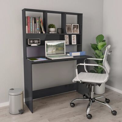 vidaXL Desk with Shelves High Gloss Gray 43.3" x 17.7" x 61.8" Engineered Wood