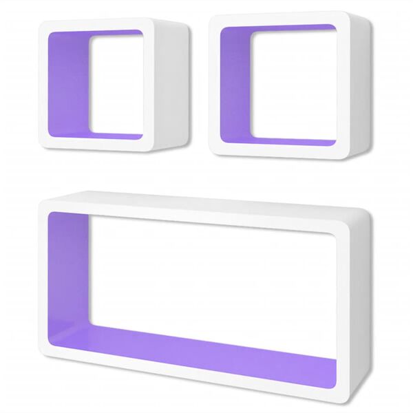 3 White-Purple MDF Floating Wall Display Shelf Cubes Book/DVD Storage
