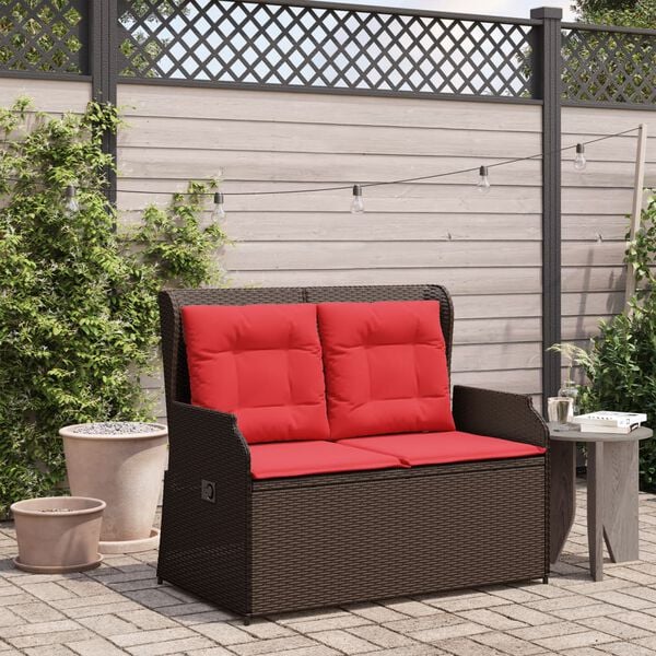 vidaXL Reclining Patio Bench Brown PE rattan 2-seater Removable Covers