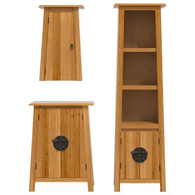 Tall open cabinet with shelves and a small bottom cabinet with a circular metal handle, plus a small cabinet with a lid; all in wood