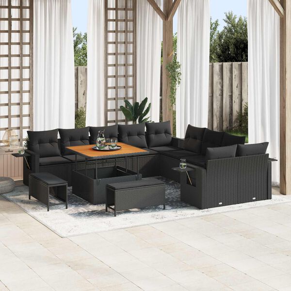 vidaXL Garden Sofa Set with Cushion 13 pcs Black Poly Rattan