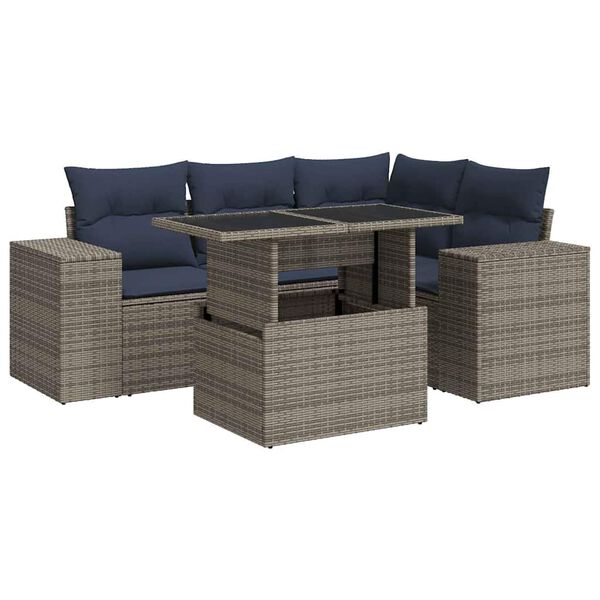 vidaXL 5 Piece Patio Sofa Set with Cushions Gray Poly Rattan