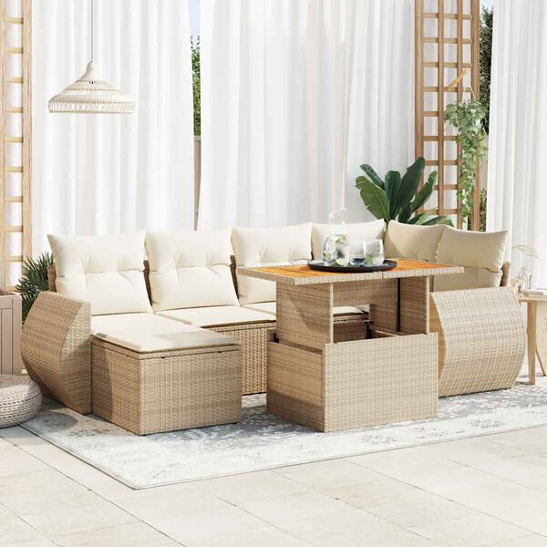 vidaXL Garden Sofa Set Beige PE rattan 7 Piece Adjustable Armrests
