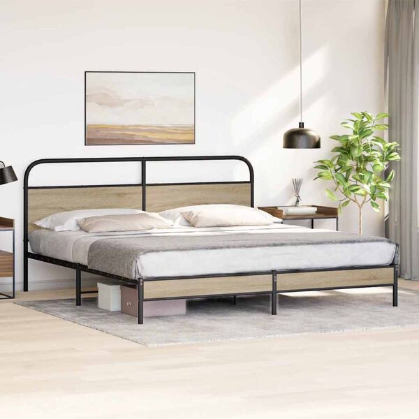 vidaXL Bed Frame Smoked Oak Steel, Engineered wood Super King Bed Frame