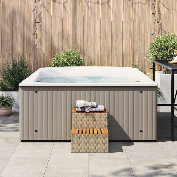 vidaXL Hot Tub Step Beige PE Rattan, Powder-Coated Steel, Solid Acacia Wood