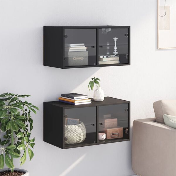vidaXL Wall Cabinet Set of 2 Black Engineered wood, glass