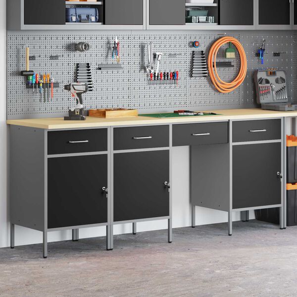 vidaXL Work Cabinet with Drawer with Lock 4 pcs Black 200 x 55 x 85 cm