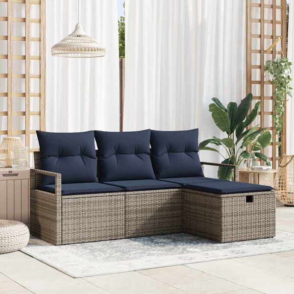 vidaXL Sofa Set with Cushion Manual 4 pcs Grey and Navy Poly Rattan