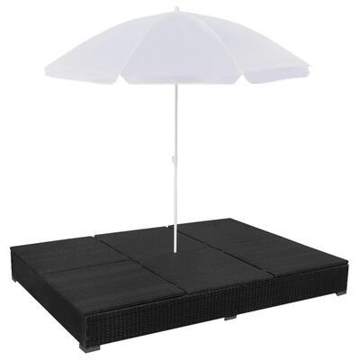 vidaXL Patio Lounge Bed with Umbrella Poly Rattan Black