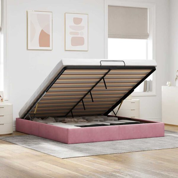 vidaXL Ottoman Bed Pink Velvet, Metal, Plywood, Engineered Wood Full