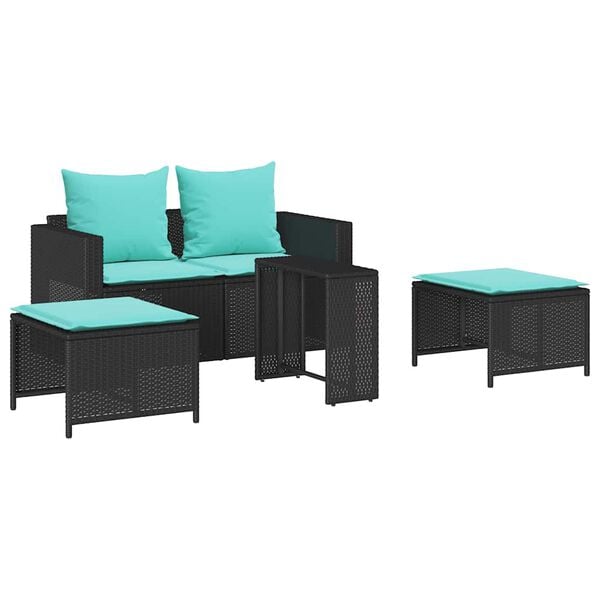 vidaXL 5 Piece Patio Sofa Set with Cushions Stackable Black Poly Rattan